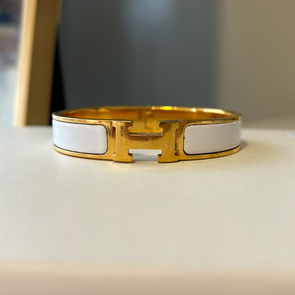 Gold and White Hermès Clic H Bracelet